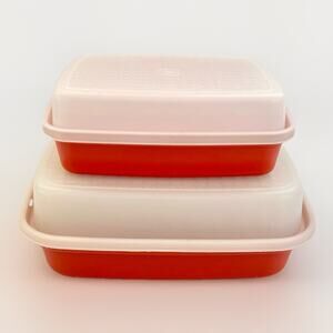 2 Set Vtg Tupperware Paprika Red Season Serve Marinade Containers Large Junior